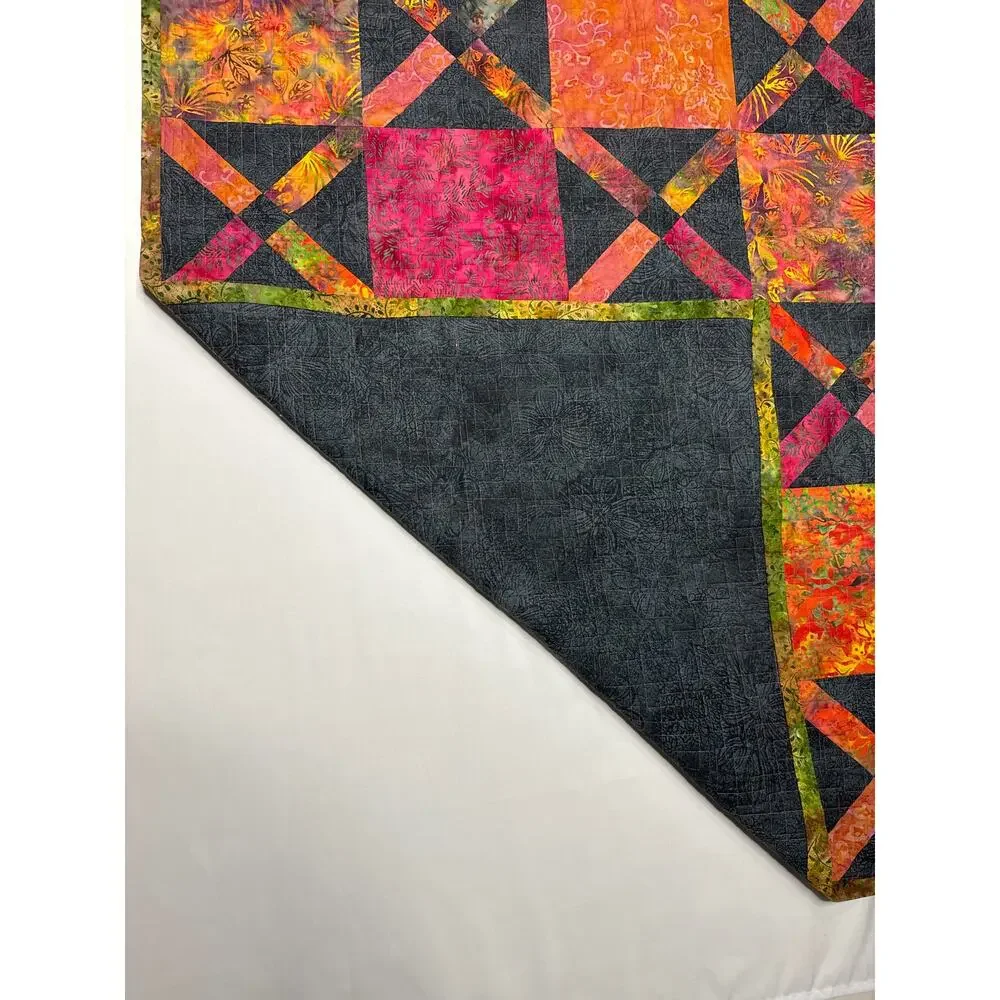 Handmade Fall Quilt Throw – Reversible Orange Pink Black Lap Blanket 58x41